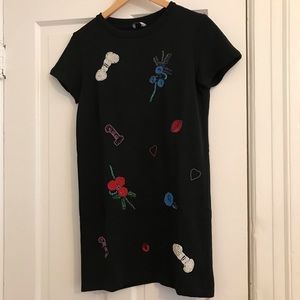 zara black mini dress w/ beaded applique